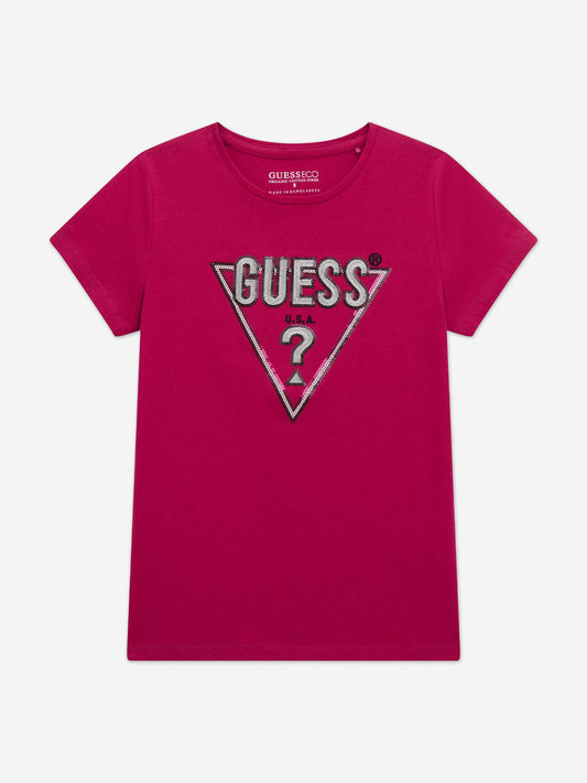 Guess Girls 徽标印花 T 恤（粉色）