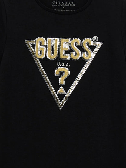 Guess Girls 徽标印花 T 恤（黑色）
