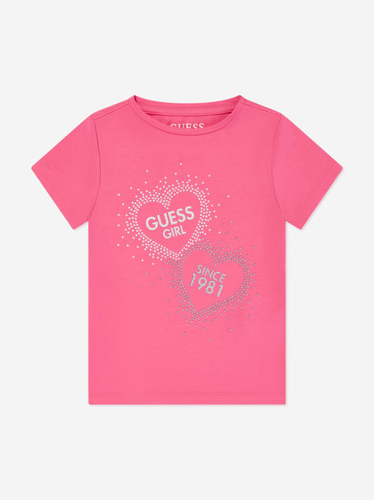 Guess Girls 心形徽标 T 恤（粉色）