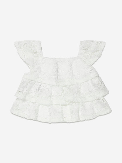 Guess 女童白色蕾丝荷叶边上衣