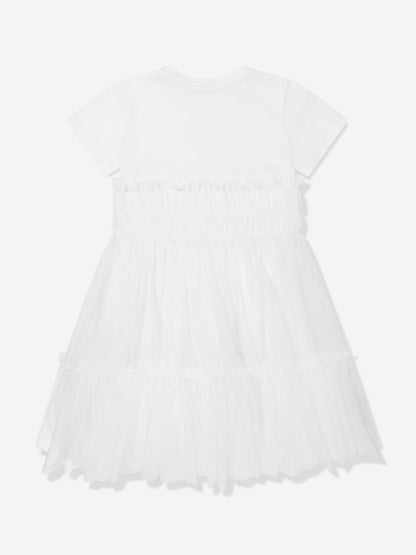 Girls Mixed Fabric Dress in White