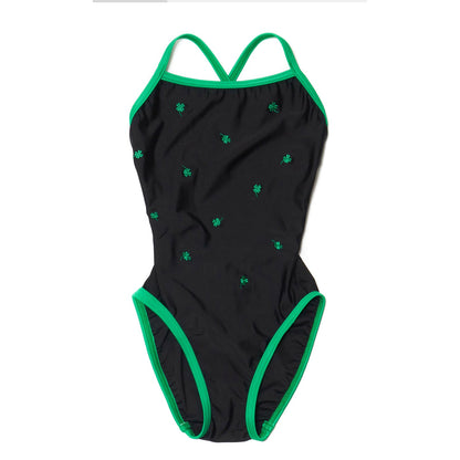 女童黑色刺绣专业泳衣