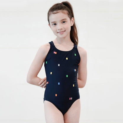 女童藏青色刺绣专业泳衣