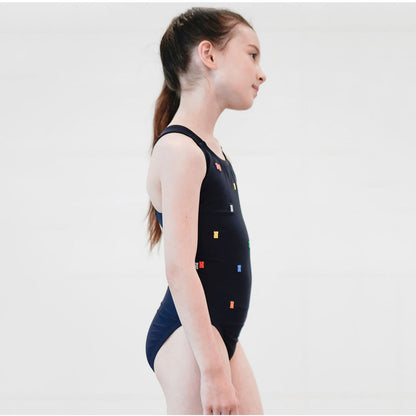 女童藏青色刺绣专业泳衣