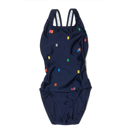 女童藏青色刺绣专业泳衣