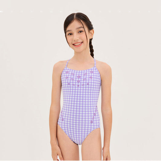 女童浅紫色格子专业泳衣