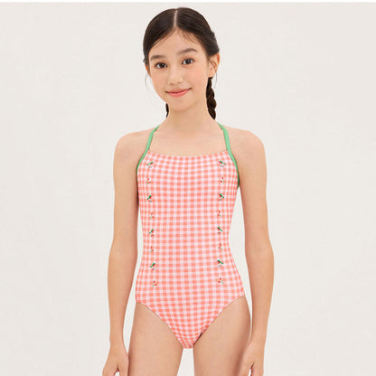 女童粉色格子专业泳衣