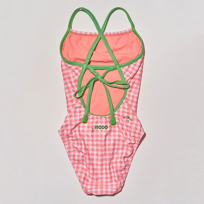 女童粉色格子专业泳衣