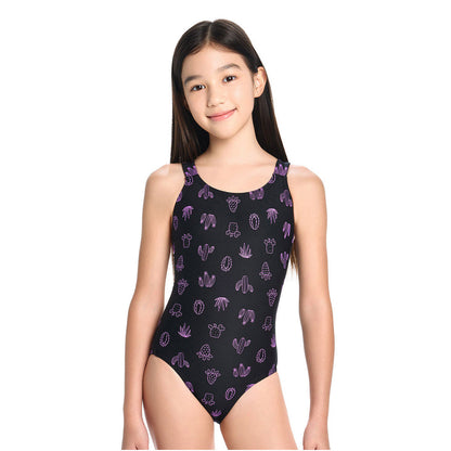 女童黑色印花专业泳衣