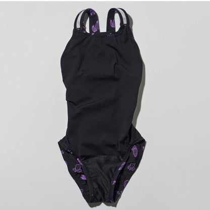 女童黑色印花专业泳衣