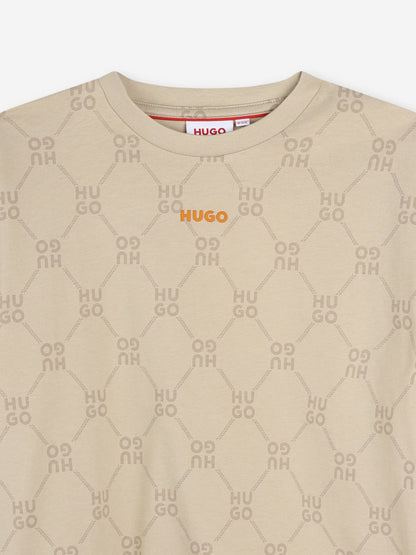 Hugo Boys Monogram Logo T-Shirt in Beige