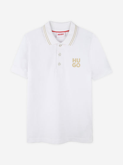 Hugo Boys 白色徽标印花 Polo 衫