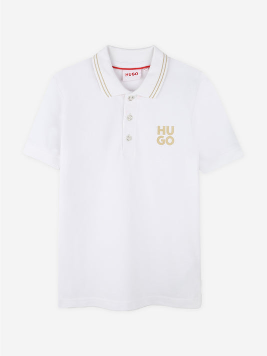 Hugo Boys 白色徽标印花 Polo 衫