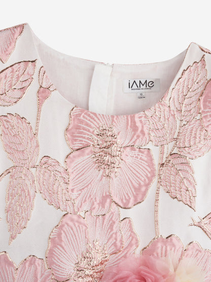 iAMe 女童粉色花朵锦缎连衣裙