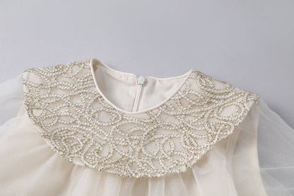 女童编织领香槟色纱裙