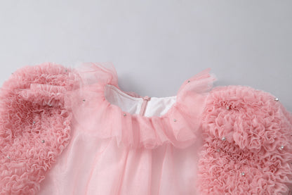 女童檀粉色瓷形纱袖礼服裙