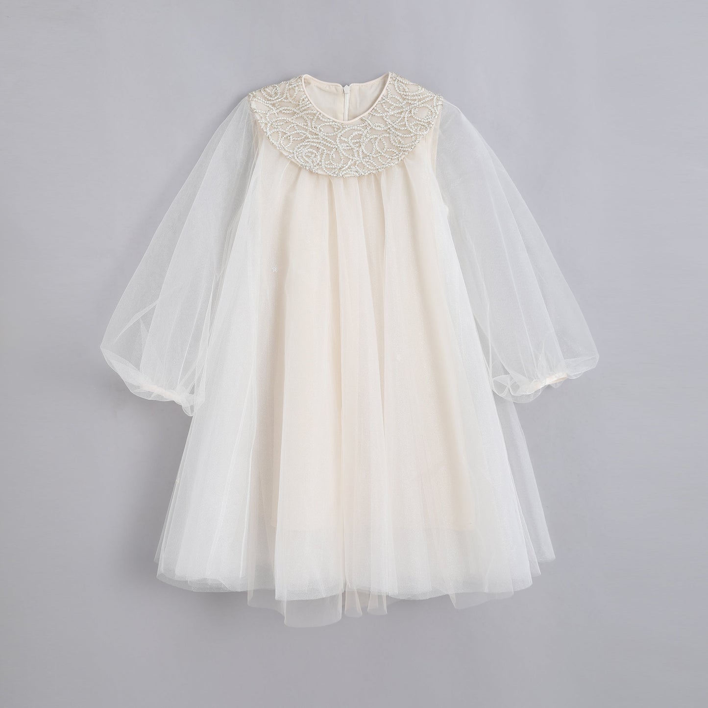 女童编织领香槟色纱裙