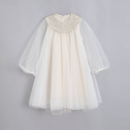 女童编织领香槟色纱裙