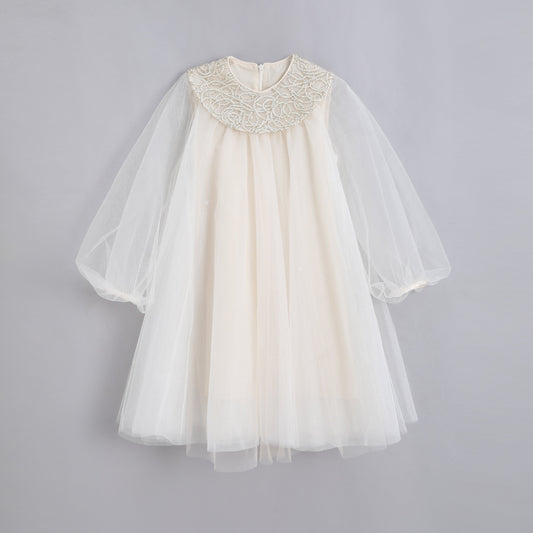 女童编织领香槟色纱裙