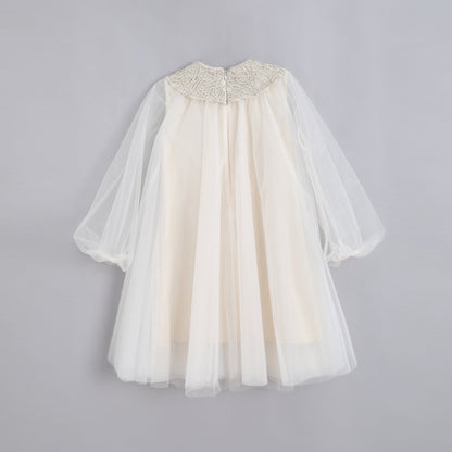 女童编织领香槟色纱裙