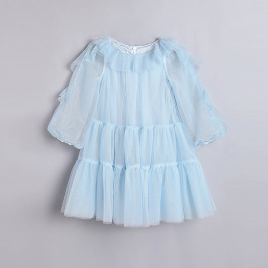 女童云蓝色荷叶袖礼服裙