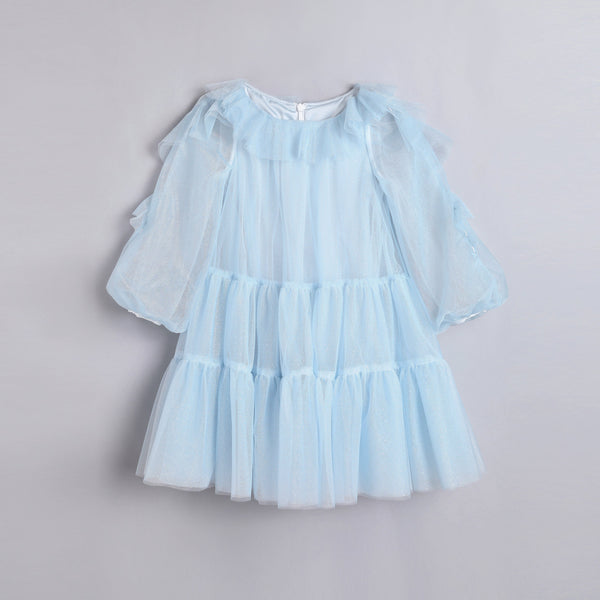 女童云蓝色荷叶袖礼服裙