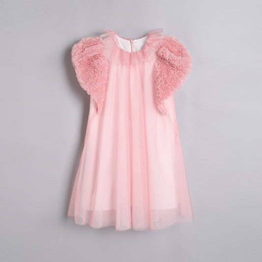 女童檀粉色瓷形纱袖礼服裙