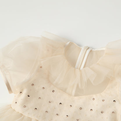 女童浅杏钉珠荷叶领娃娃裙