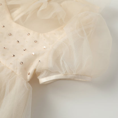 女童浅杏钉珠荷叶领娃娃裙