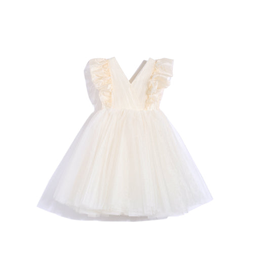女童香槟羽毛缩褶礼服裙
