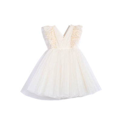 女童香槟羽毛缩褶礼服裙