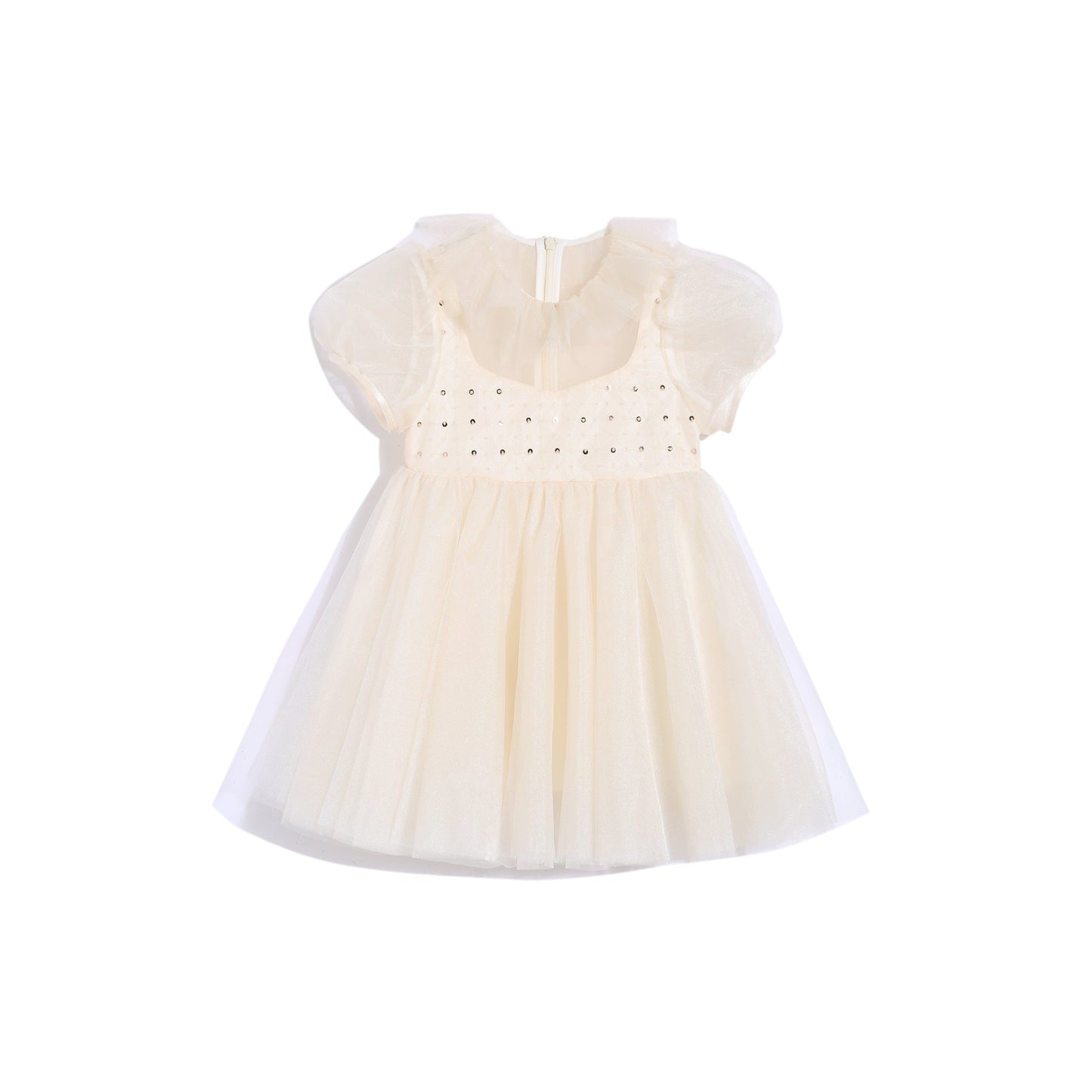 女童浅杏钉珠荷叶领娃娃裙