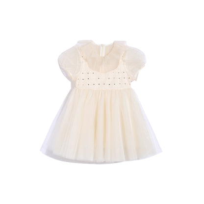 女童浅杏钉珠荷叶领娃娃裙