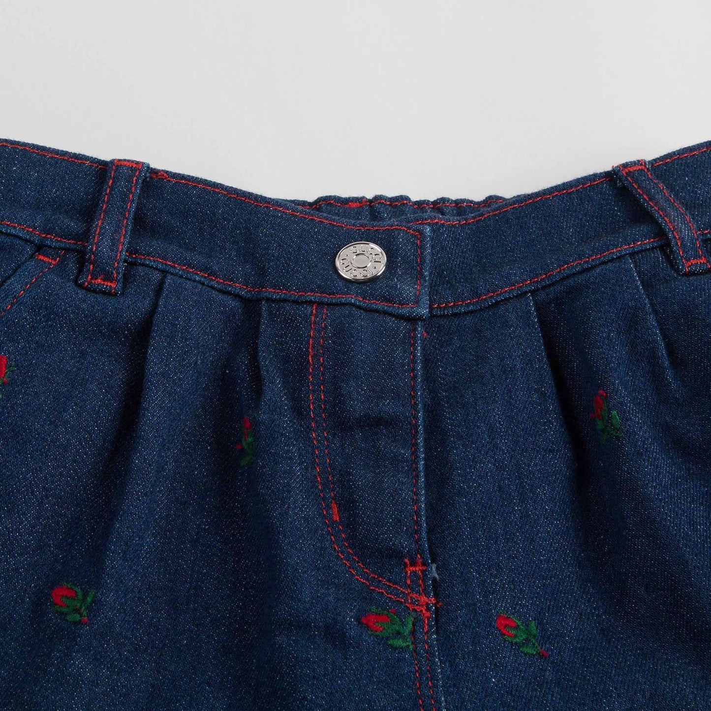 Baby Girls Blue Denim Jeans With Red Embroidered Flower Trims