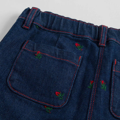 Baby Girls Blue Denim Jeans With Red Embroidered Flower Trims