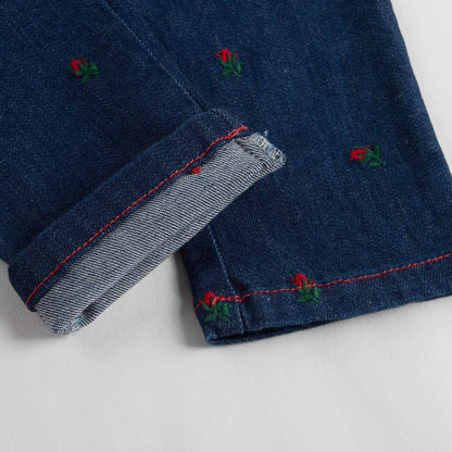 Baby Girls Blue Denim Jeans With Red Embroidered Flower Trims