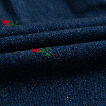 Baby Girls Blue Denim Jeans With Red Embroidered Flower Trims