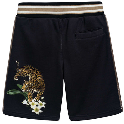 Boys Black "Leopard Printed" Cotton Shorts