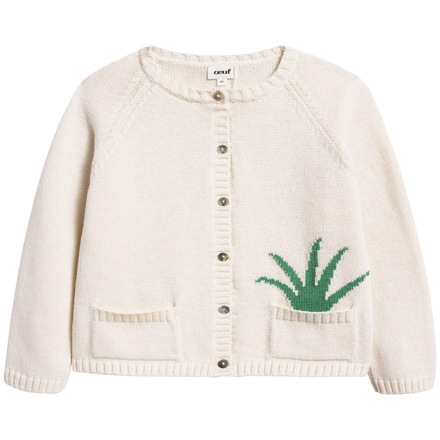 Girls White & Green Cotton Plant Pocket Cardigan