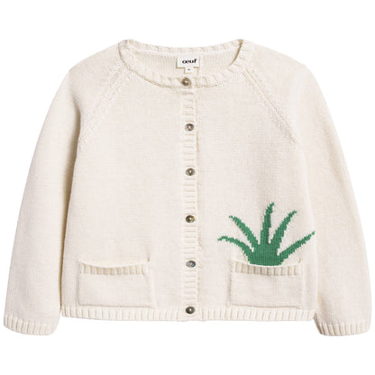 Girls White & Green Cotton Plant Pocket Cardigan