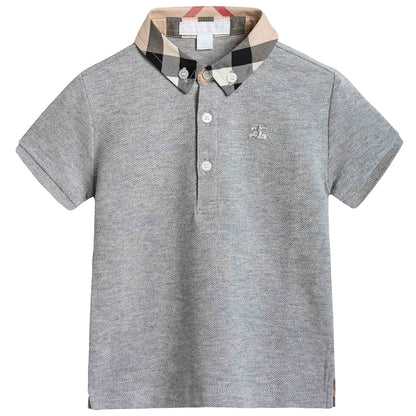 Boys Grey Polo Shirt With Check Collar