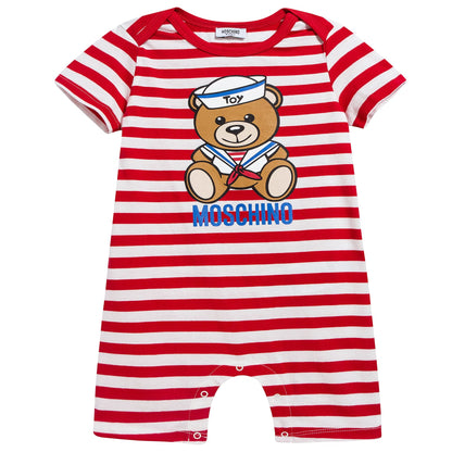 Baby Girls Red Stripes Cotton Teddy Bear Babysuit