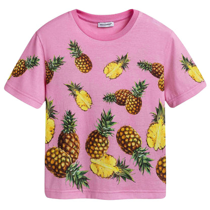 Girls Pink Pineapple Printed Cotton T-shirt