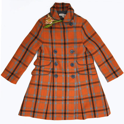 Girls Orange Check Cotton Woven Coat