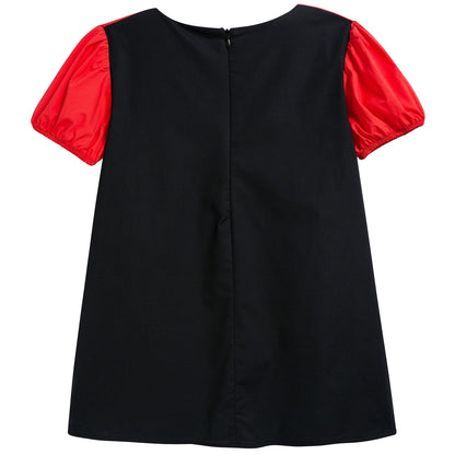 Girls White & Red Squadr Neck Cotton Dress