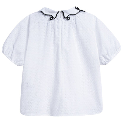 Girls White Collar And Embroidery Cotton Woven Shirt