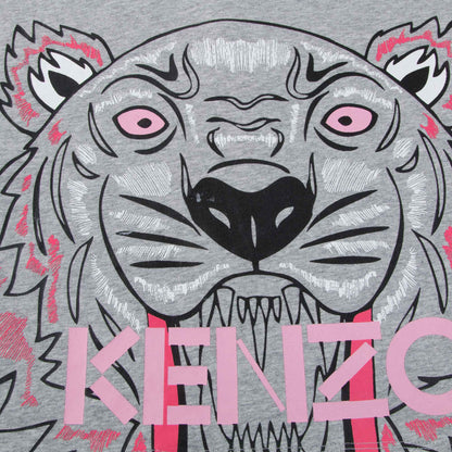 Girls Grey Big Tiger Printed Cotton T-Shirt