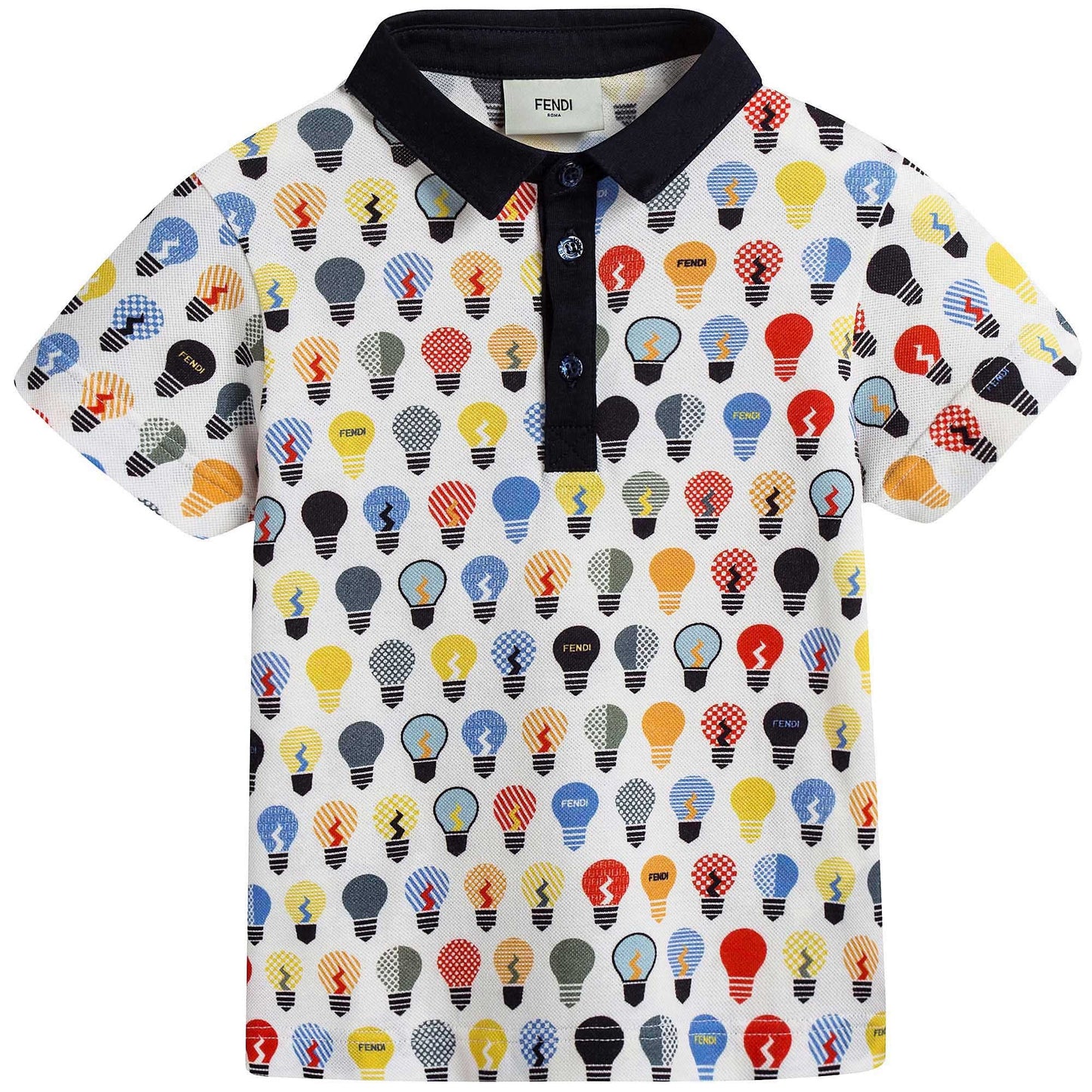 Boys Blue Polo Shirt With Multicolor Lightbulb Print