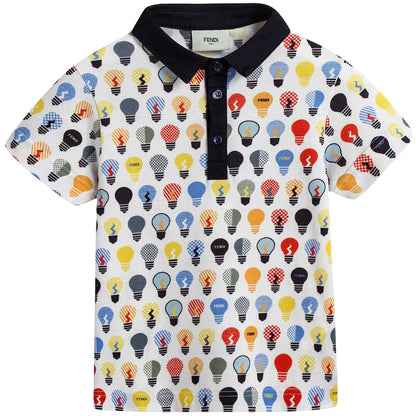 Boys Blue Polo Shirt With Multicolor Lightbulb Print