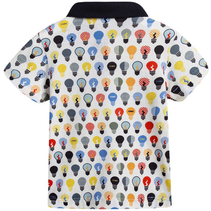 Boys Blue Polo Shirt With Multicolor Lightbulb Print